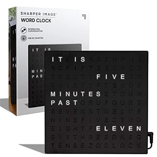 Sharper Image Light Up Electronic Plug-in Word Clock, Black Finish with LED Light Display, USB Cord and Power Adapter, 7.75” Square Face, Unique Contemporary Home and Office Décor Black (Black)